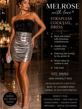 NWT Melrose With Love Strapless Metallic Silver Ruched Cocktail Dress | Size sm